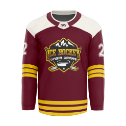 Front view of a custom sublimated ice hockey jersey in maroon and gold, featuring a complex, vibrant crest.