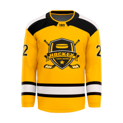 Front view of a yellow Tackle Twill Ice Hockey Jersey, highlighting the authentic sewn-on crest and striping.