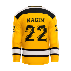Back view of a yellow Tackle Twill Ice Hockey Jersey with stitched player name and large sewn-on number 22 for quality.
