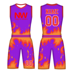 Purple Basketball Jersey with fire artwork and Team Logo, Breathable Basketball Shorts with Mesh Inserts, Custom Basketball Uniform with Player Name and Number