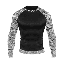 Custom MMA rash guard by Nagim Wears featuring a long-sleeved shirt with polynesian print