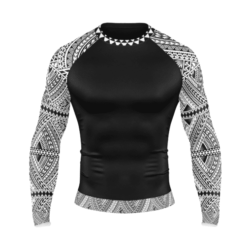 Custom MMA rash guard by Nagim Wears featuring a long-sleeved shirt with polynesian print